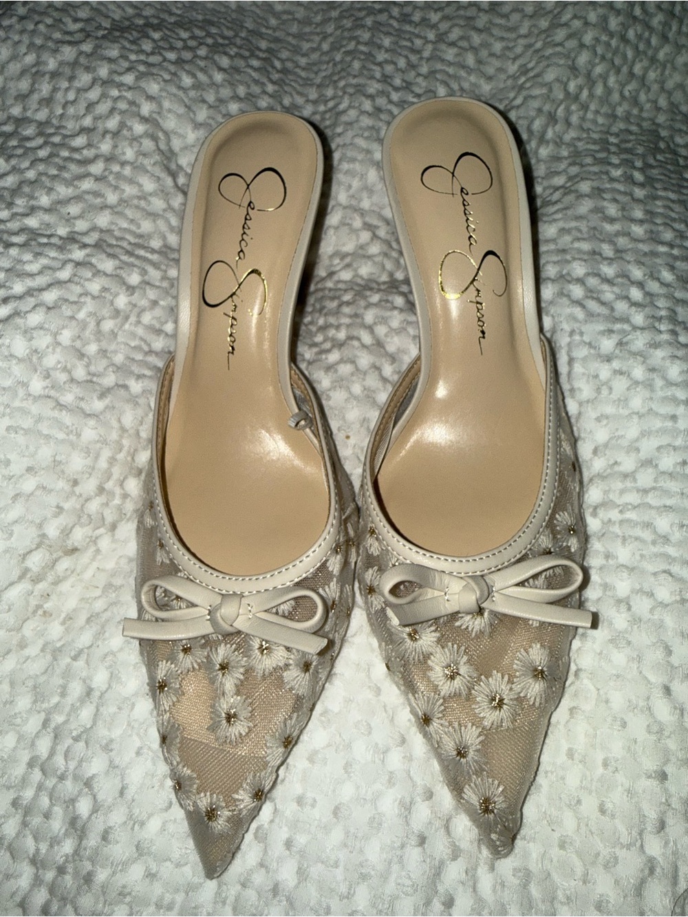 Jessica Simpson Cream Floral Mesh Pointed Toe Mules with Bow